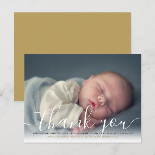 Carte Postale Faire-part Bébé Photo Élégant Script Merci Or Naissance Ann (Devant / Derrière)