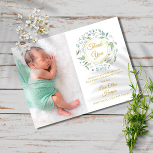 Carte Postale Faire-part Bébé Photo Verdure Floral Gold Merci Naissance