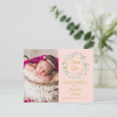 Carte Postale Faire-part Bébé rose pâle Photo Verdure Merci Naissance (Debout devant)