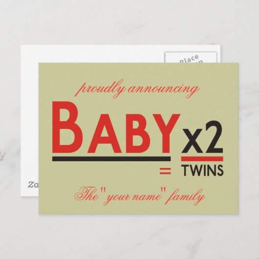 Carte Postale Faire-part Bébé x 2, annonçant fièrement, "Votre nom" f... (Devant / Derrière)