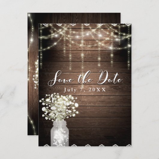 Carte Postale Faire-part Bébé's Breath Mason Jar Lumières Bois Enregistrer  (Devant / Derrière)