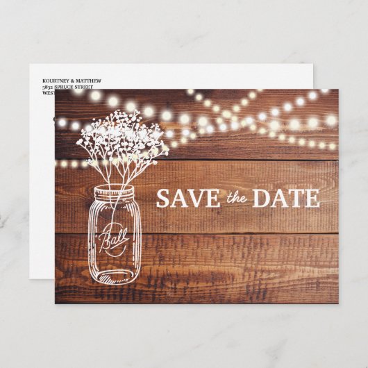 Carte Postale Faire-part Bébé's Breath Rustic Mason Jar Enregistrer la date (Devant / Derrière)