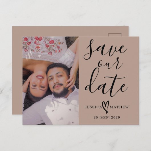 Carte Postale Faire-part Beige & noir moderne Enregistrer le script de date (Devant / Derrière)