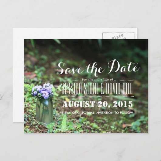 Carte Postale Faire-part Belle Mason Jar Fleurs violettes Sauvez la date (Devant / Derrière)