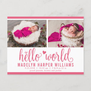 Carte Postale Faire-part Berry Pink Hello World Photo Birth Stat