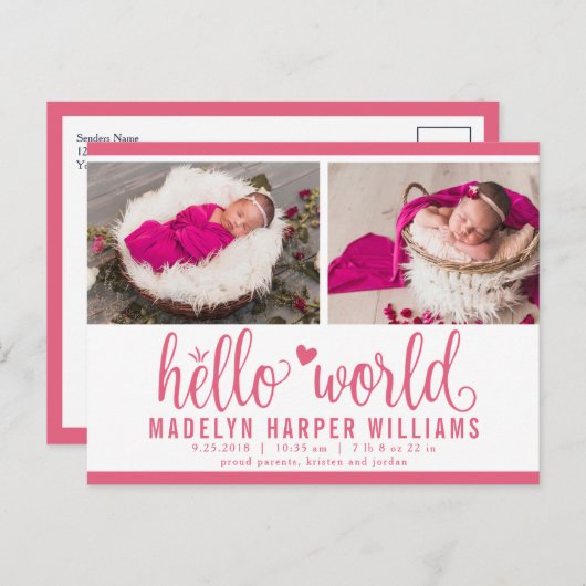 Carte Postale Faire-part Berry Pink Hello World Photo Birth Stat (Devant / Derrière)
