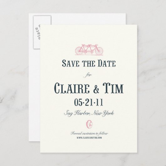 Carte Postale Faire-part Bicyclette Construite Pour Deux Enregistrer la Dat (Devant / Derrière)