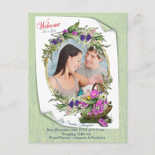 Carte Postale Faire-part Bienvenue c'est une fille de bébé de printemps (Devant)