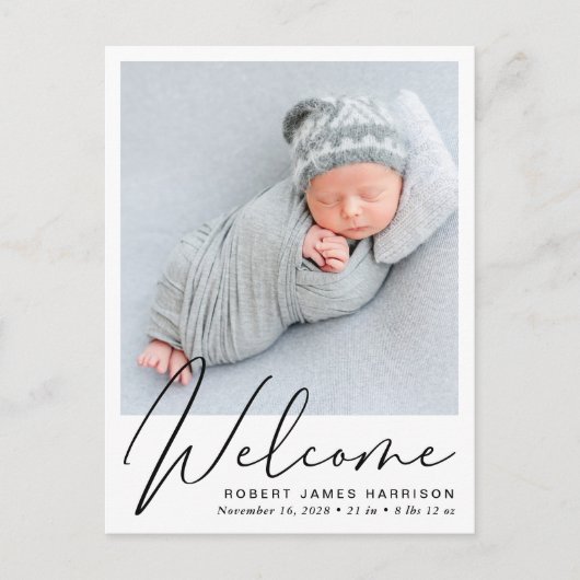 Carte Postale Faire-part Bienvenue Script photo naissance (Devant)