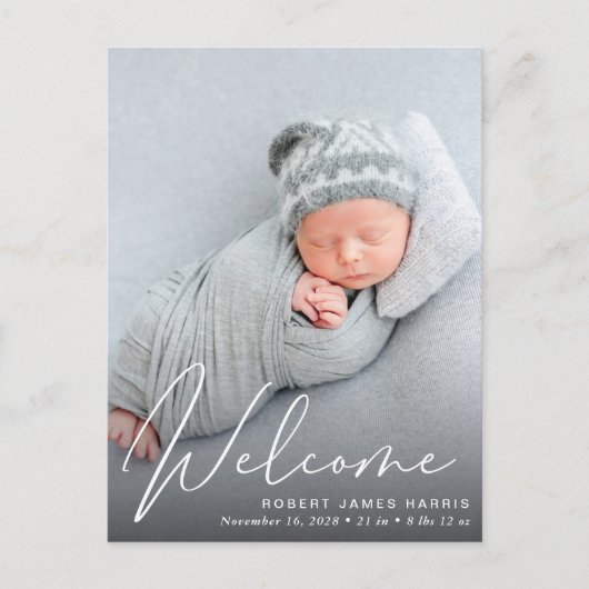 Carte Postale Faire-part Bienvenue White Script Photo Overlay Naissance (Devant)