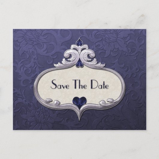 Carte Postale Faire-part Bijou de Saphir Bleu Cœurs sur Damas Bleu Sauvez L (Devant)