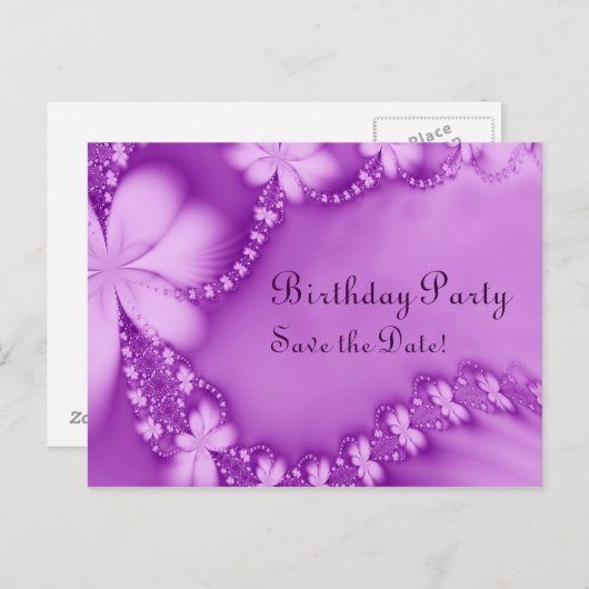 Carte Postale Faire-part Bijou floral violet, Fête d'anniversaire (Devant / Derrière)