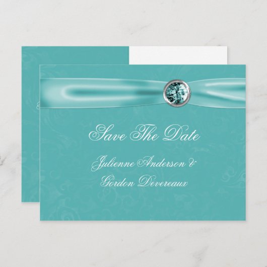 Carte Postale Faire-part Bijoux en ruban Damas turquoise Enregistrer La Dat (Devant / Derrière)