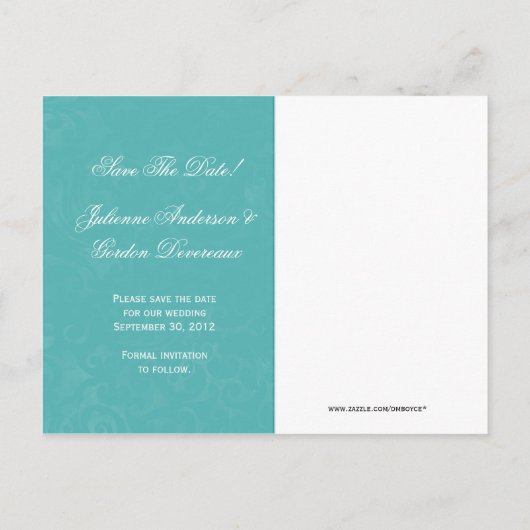 Carte Postale Faire-part Bijoux en ruban Damas turquoise Enregistrer La Dat (Dos)