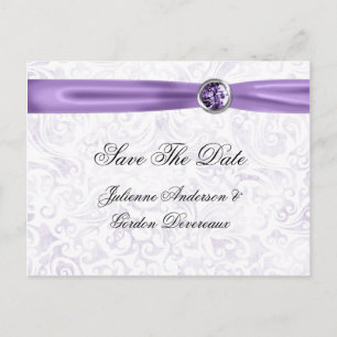 Carte Postale Faire-part Bijoux en ruban violet blanc Damas Sauvez La Date
