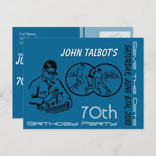 Carte Postale Faire-part Binocular Soccer 70th Birthday Enregistrer la date (Devant / Derrière)