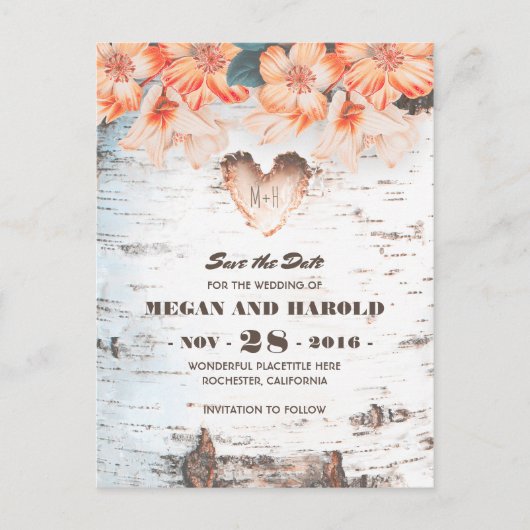 Carte Postale Faire-part Birch Heart Rustic Country Fall Enregistrer la dat (Devant)