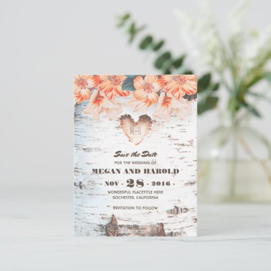 Carte Postale Faire-part Birch Heart Rustic Country Fall Enregistrer la dat (Debout devant)