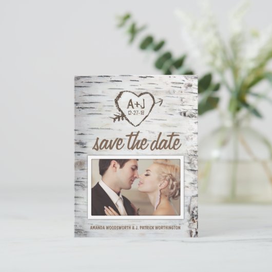Carte Postale Faire-part Birch Tree Bark Mariage rustique Enregistrer les c (Debout devant)