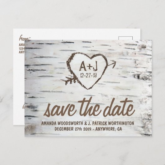 Carte Postale Faire-part Birch Tree Bark Mariage rustique Enregistrer les c (Devant / Derrière)