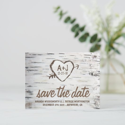Carte Postale Faire-part Birch Tree Bark Mariage rustique Enregistrer les c (Debout devant)