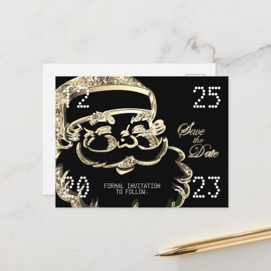 Carte Postale Faire-part Black and Gold Père Noël Enregistrer la date Noël  (Devant/Arrière en situation)