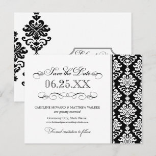 Carte Postale Faire-part Black and White Elegant Damask Enregistrer la date