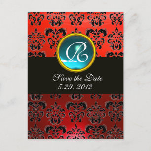 Carte Postale Faire-part BLACK BLANC ET ROUGE DAMASK BLEU GEM Monogramme
