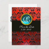 Carte Postale Faire-part BLACK BLANC ET ROUGE DAMASK BLEU GEM Monogramme (Devant / Derrière)