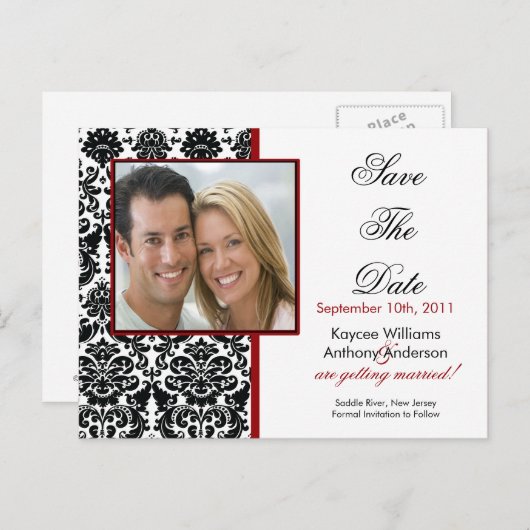 Carte Postale Faire-part Black Damask Photo Save The Date POSTCARD! (Devant / Derrière)