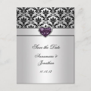 Carte Postale Faire-part Black Damask Purple Jewel Heart Argent Sauvez La D