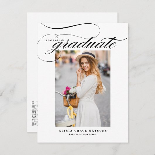 Carte Postale Faire-part Black Elegant Calligraphie Photo Graduation (Devant / Derrière)
