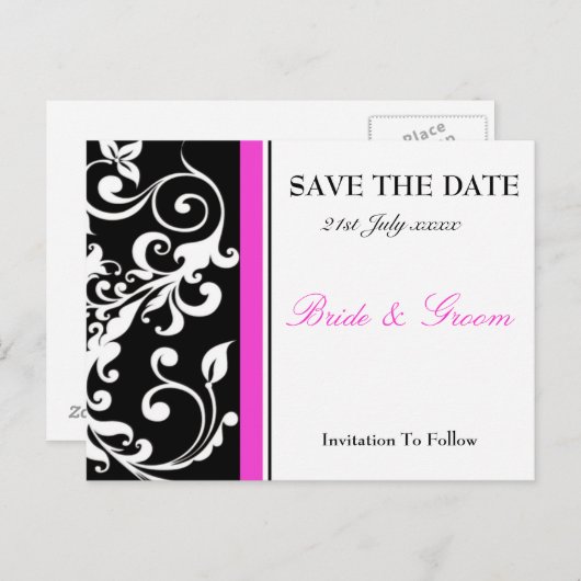 Carte Postale Faire-part Black Et Hot Rose Enregistrer La Date (Devant / Derrière)