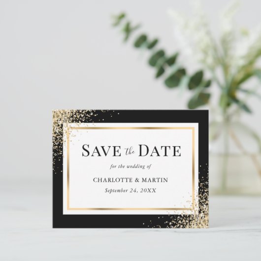 Carte Postale Faire-part Black Gold Frame Confetti Mariage Enregistrer La D (Debout devant)