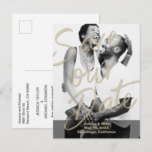 Carte Postale Faire-part Black Gold Modern Photo Script Enregistrer Notre D (Devant / Derrière)