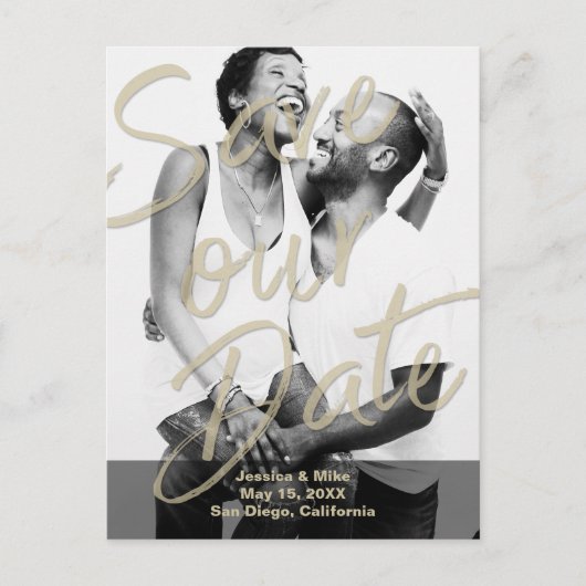 Carte Postale Faire-part Black Gold Modern Photo Script Enregistrer Notre D (Devant)