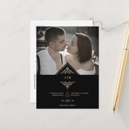 Carte Postale Faire-part Black Golden Chic Lace Romantic Couple Wedding (Devant/Arrière en situation)