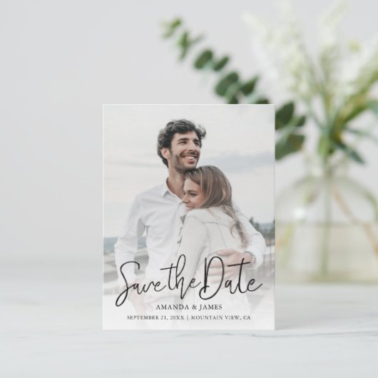 Carte Postale Faire-part Black Handwriting Simple Photo Enregistrer la date (Debout devant)