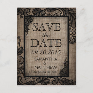 Carte Postale Faire-part Black Lace Burlap Moderne Goth Enregistrer la date