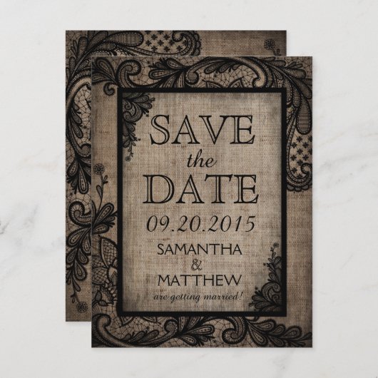 Carte Postale Faire-part Black Lace Burlap Moderne Goth Enregistrer la date (Devant / Derrière)