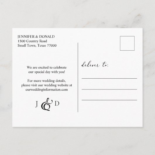 Carte Postale Faire-part Black Modern Simple Script Wedding Enregistrer la  (Dos)