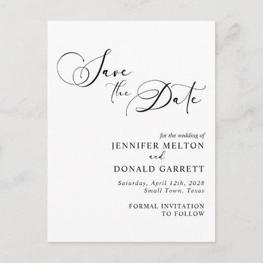Carte Postale Faire-part Black Modern Simple Script Wedding Enregistrer la  (Devant)