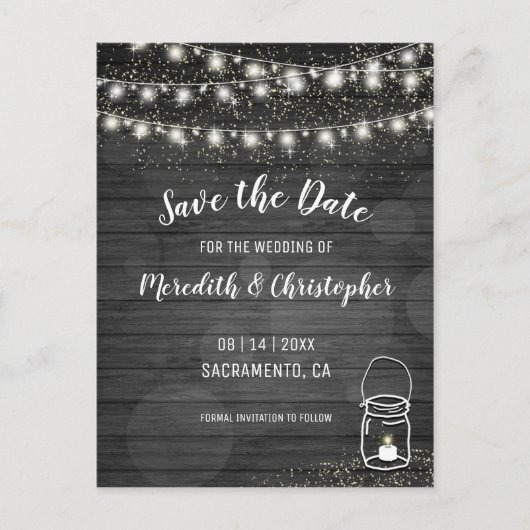 Carte Postale Faire-part Black Rustic String Lumières Mariage Enregistrer l (Devant)