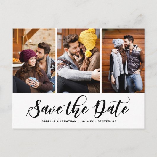 Carte Postale Faire-part Black Script Trois photo Collage Enregistrer la da (Devant)