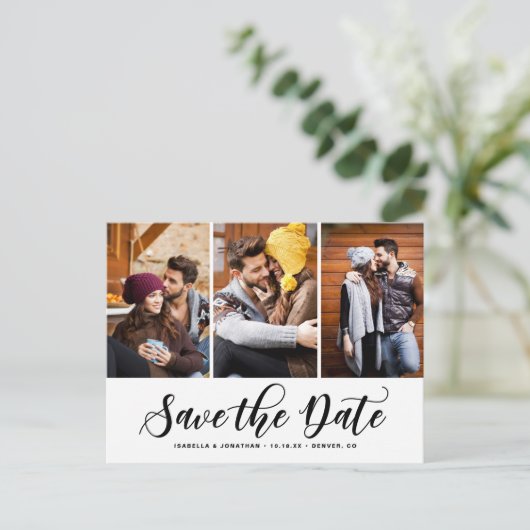 Carte Postale Faire-part Black Script Trois photo Collage Enregistrer la da (Debout devant)