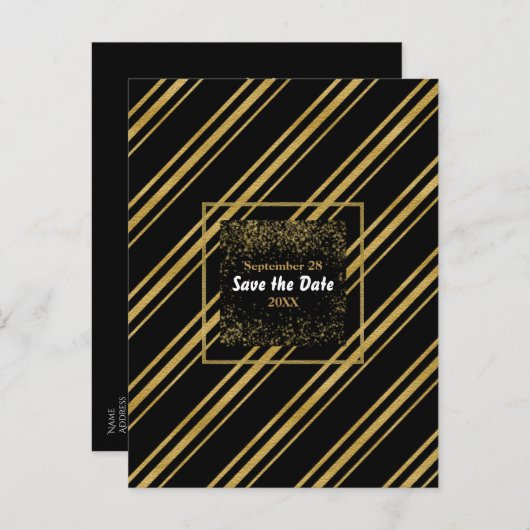 Carte Postale Faire-part Black & Sparkling Gold Stripe moderne Enregistrer  (Devant / Derrière)