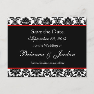 Carte Postale Faire-part Black White Damask Red Accents Enregistrer La Date