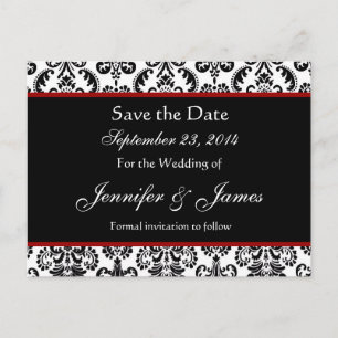 Carte Postale Faire-part Black White et Red Damask Enregistrer la date Cart