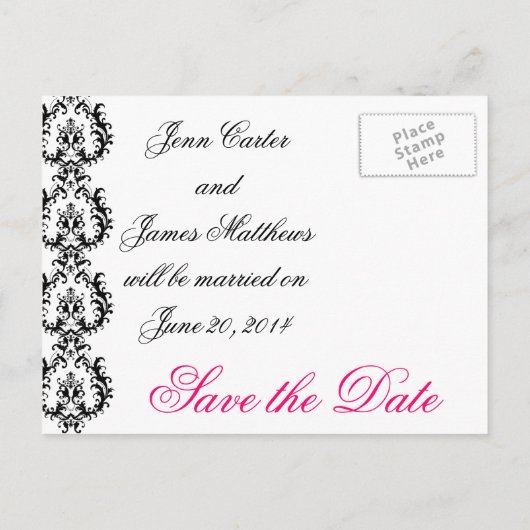 Carte Postale Faire-part Black White Fuchsia Mariage damassé (Dos)