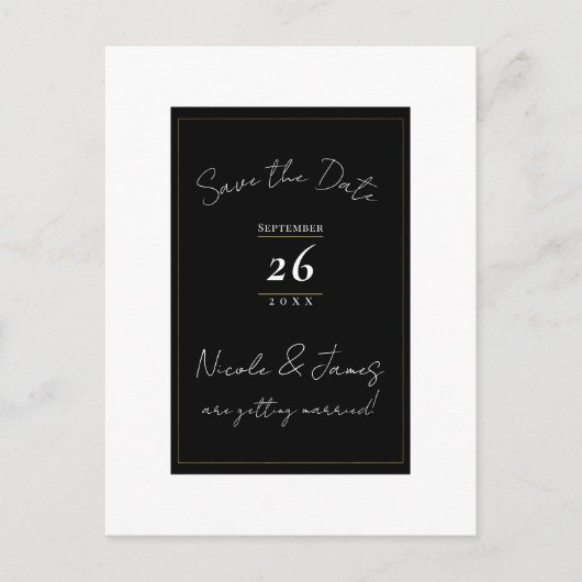Carte Postale Faire-part Black White Gold Modern Minimal Enregistrer la dat (Devant)